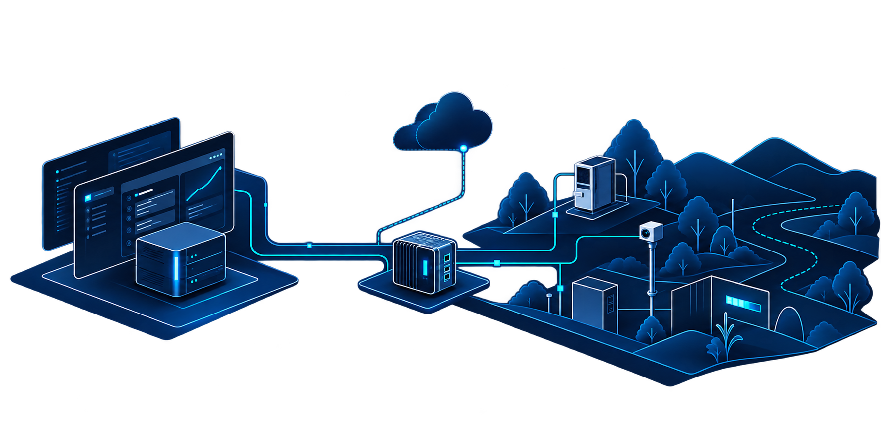Illustration d’un système numérique local relié à des équipements et usages de terrain, avec le cloud comme option.
